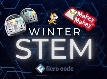 Winter STEM on blue background with graphics of tech