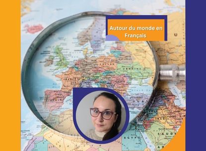 magnifying glass over world map and picture of Adeline