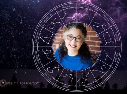 Kelly Surtees on purple background with zodiac signs